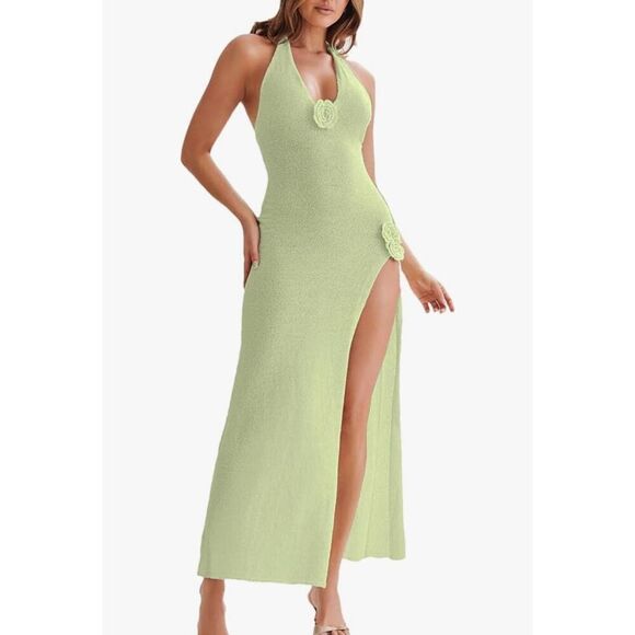 Lime green knitted halter dress with deep slit - XS - Picture 2 of 11